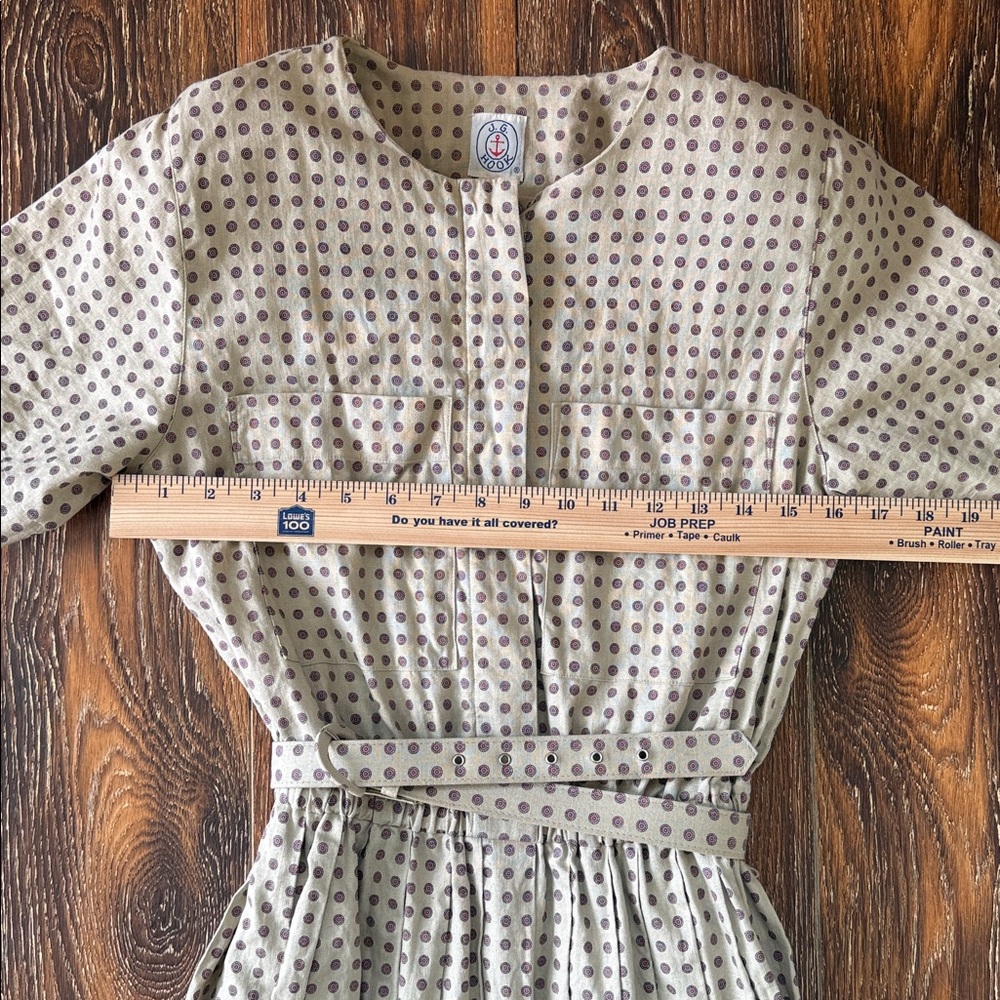 Vintage Polka Dot Midi Dress with Waist Tie - Tan Linen/cotton - Picture 5 of 8